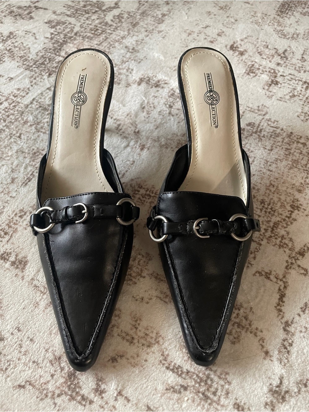Black Pointed Mules with Silver Chain Accent - Size 7.5